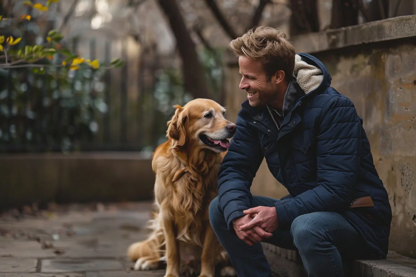 man sitting next to his happy dog