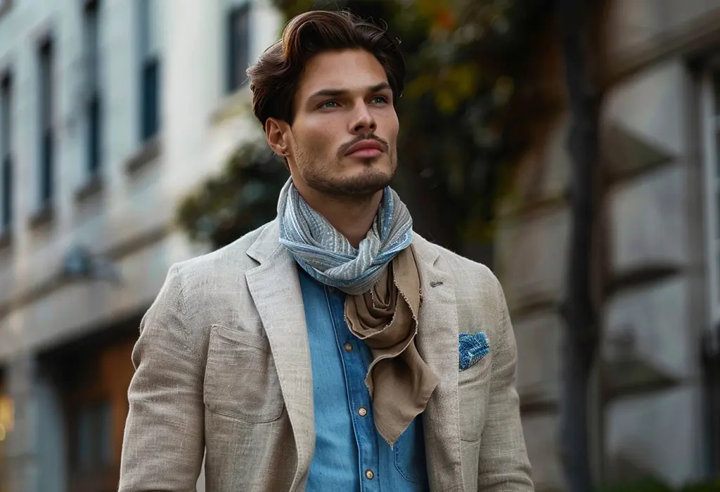 man wearing a soft-shouldered, unstructured beige linen blazer with patch pockets