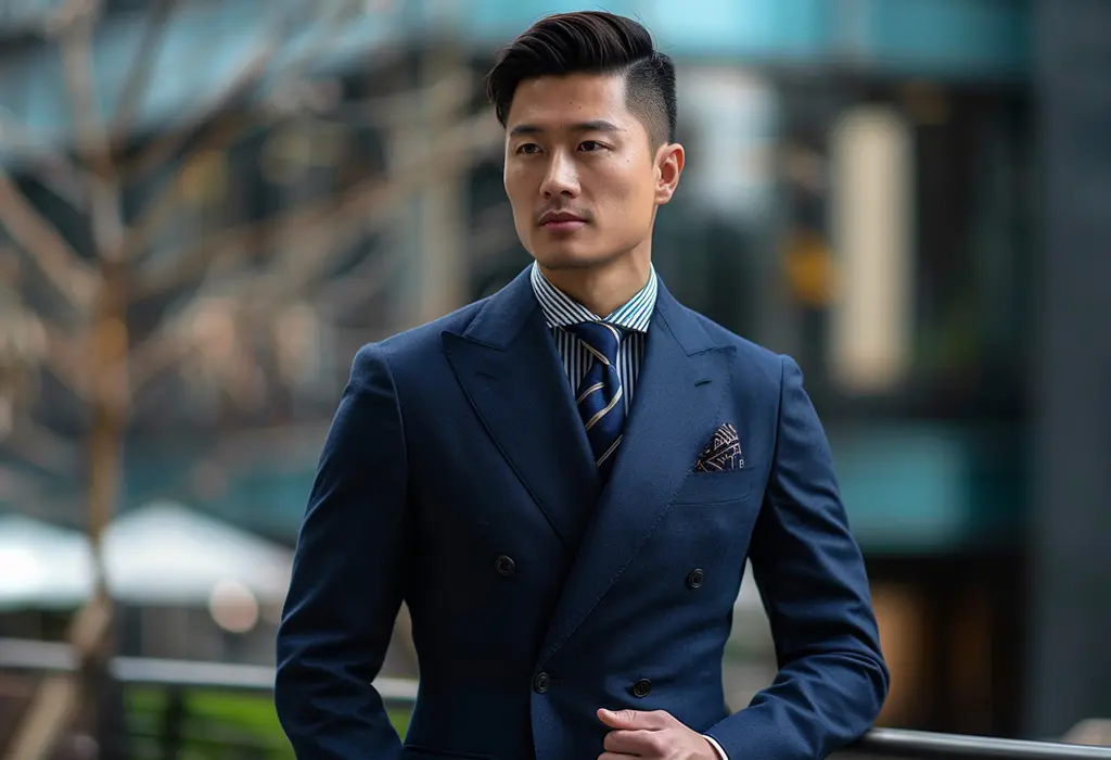 man wearing a navy blue double-breasted suit with a sharp, structured, padded shoulder line