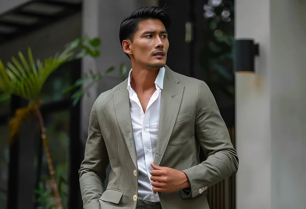 man wearing a soft-shouldered, unstructured, sage green cotton blazer