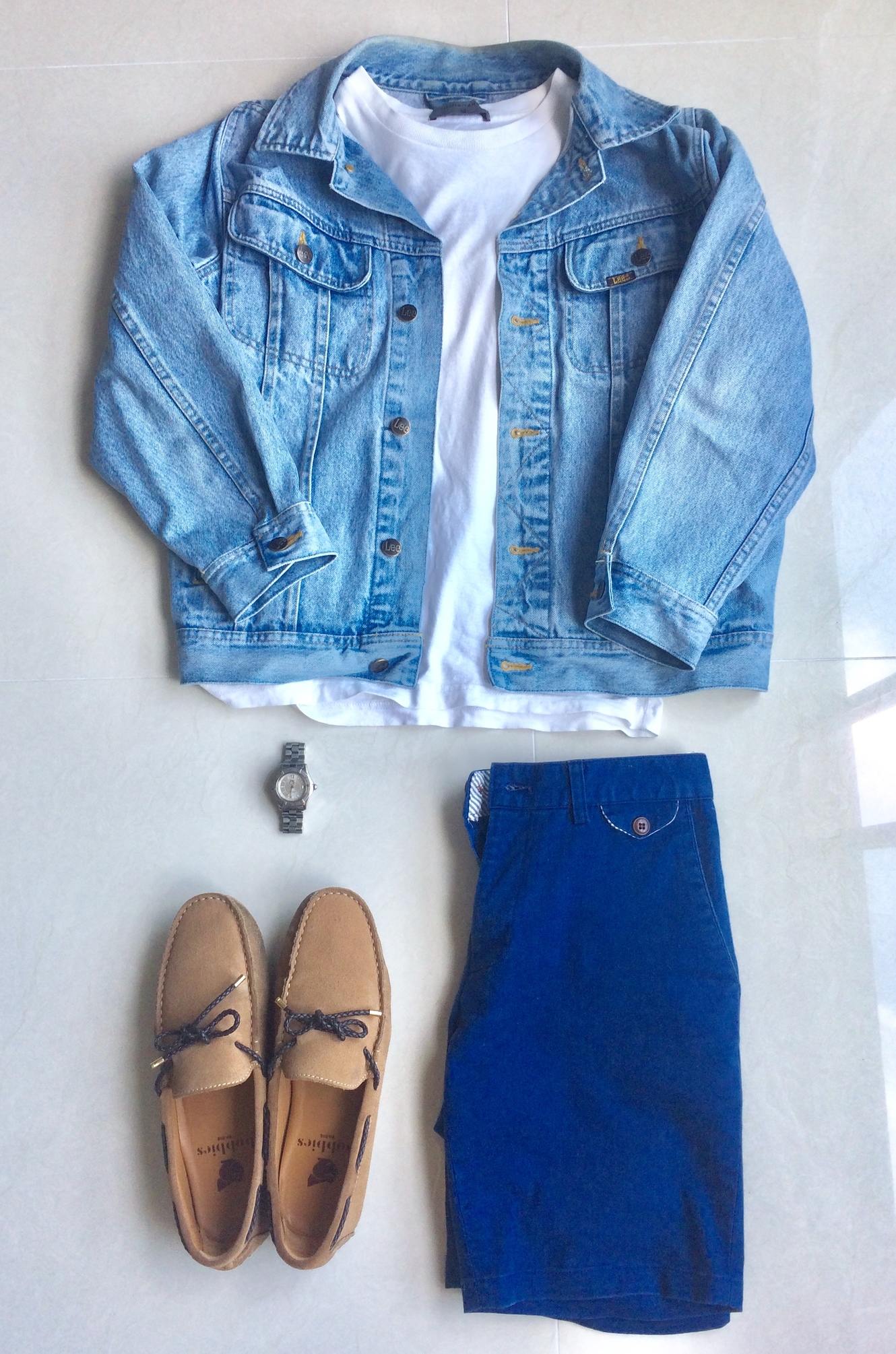 Blue Shorts, White T-Shirt, Light washed denim jacket and Tag Heuer Aquaracer