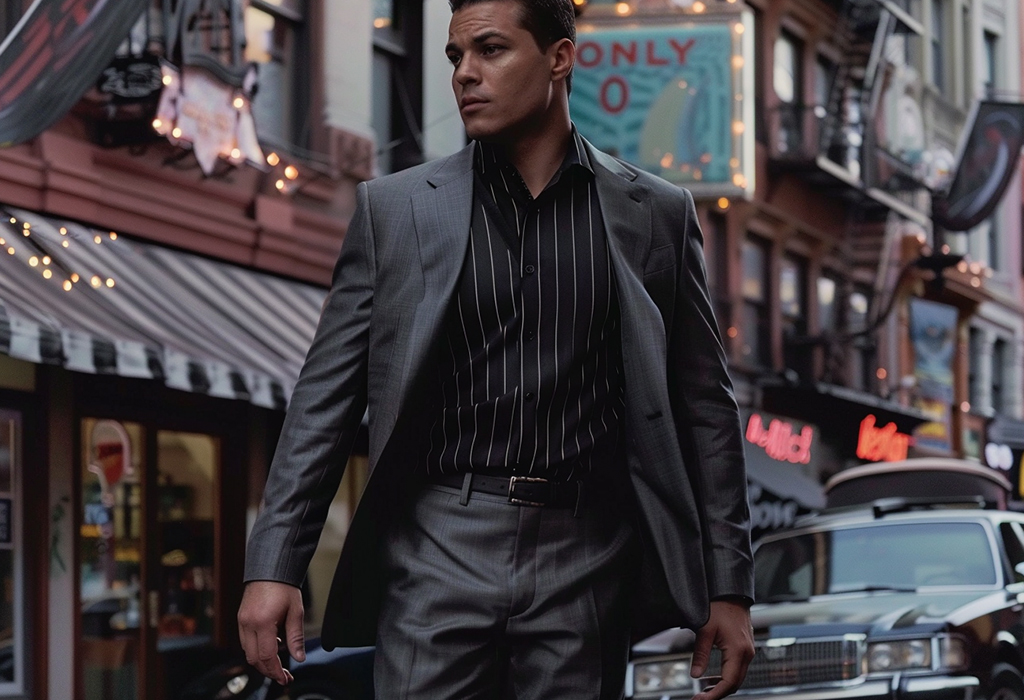 man wearing a gray sharkskin suit with a black striped shirt