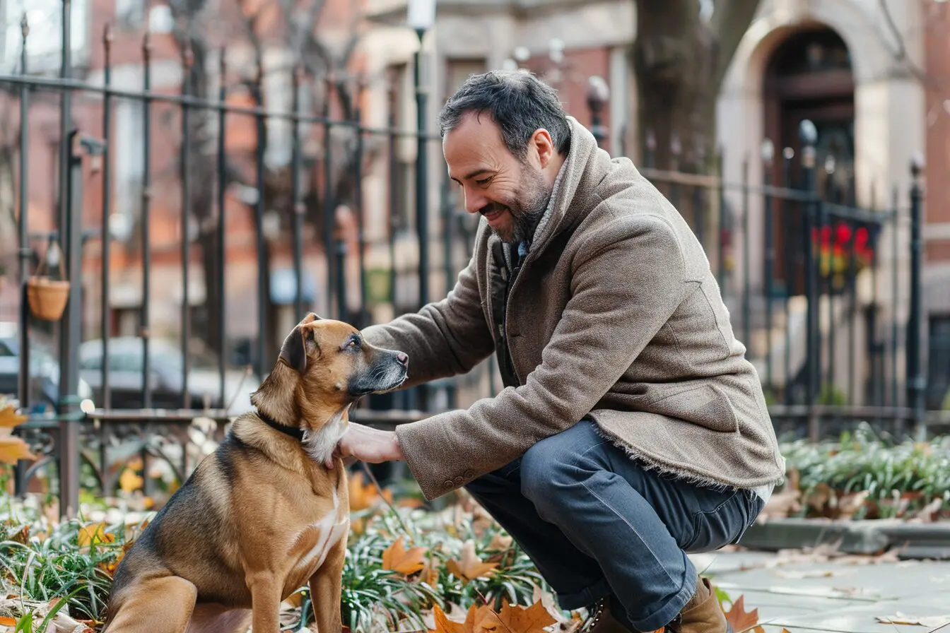 man smiling to his dog