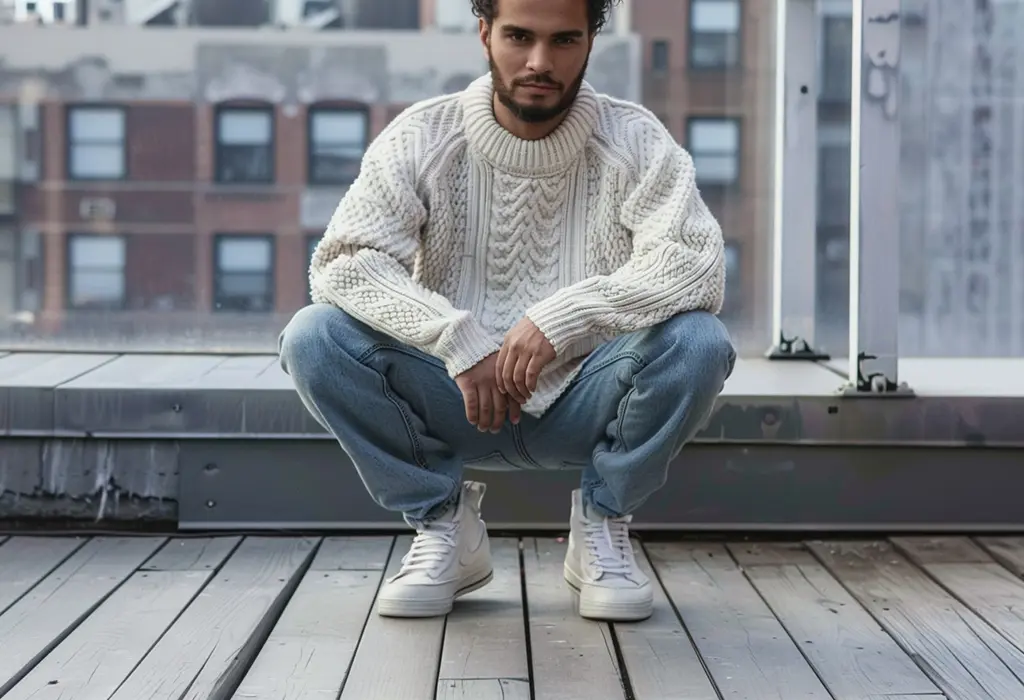 man squatting down wearing light wash classic fit jeans with a large, chunky white cable-knit sweater and white sneakers