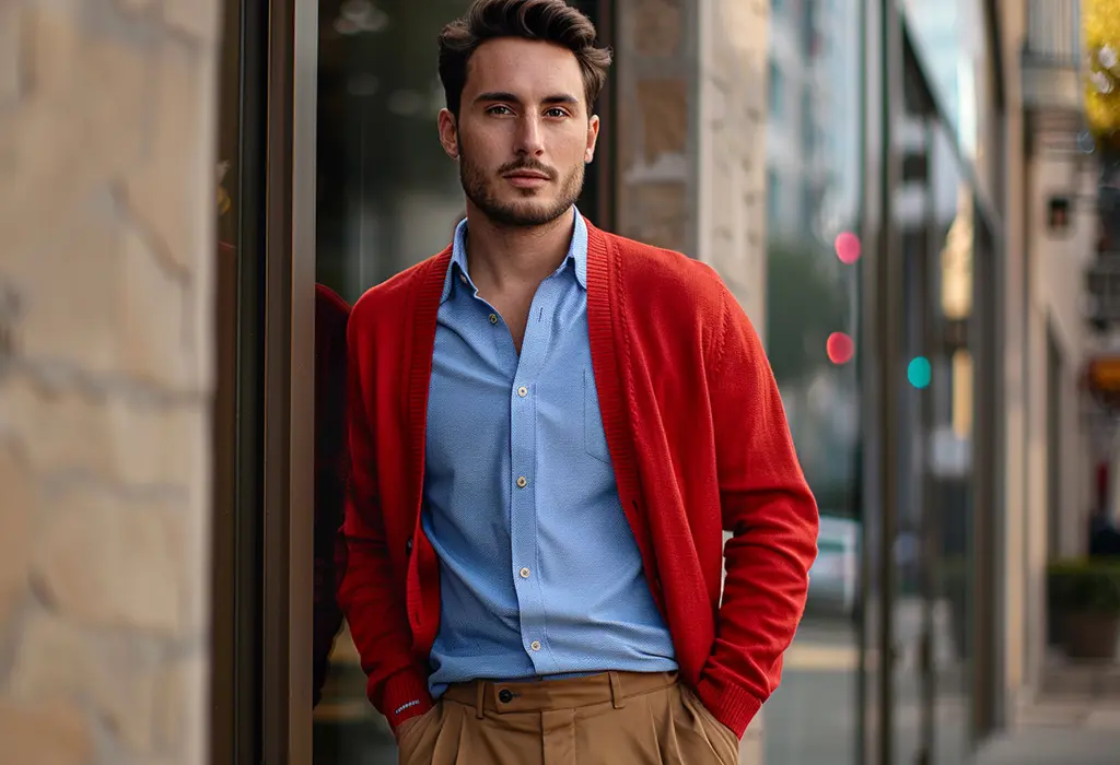 autumn outfit of pleated chinos with a blue oxford cloth button down shirt and a bright red cardigan