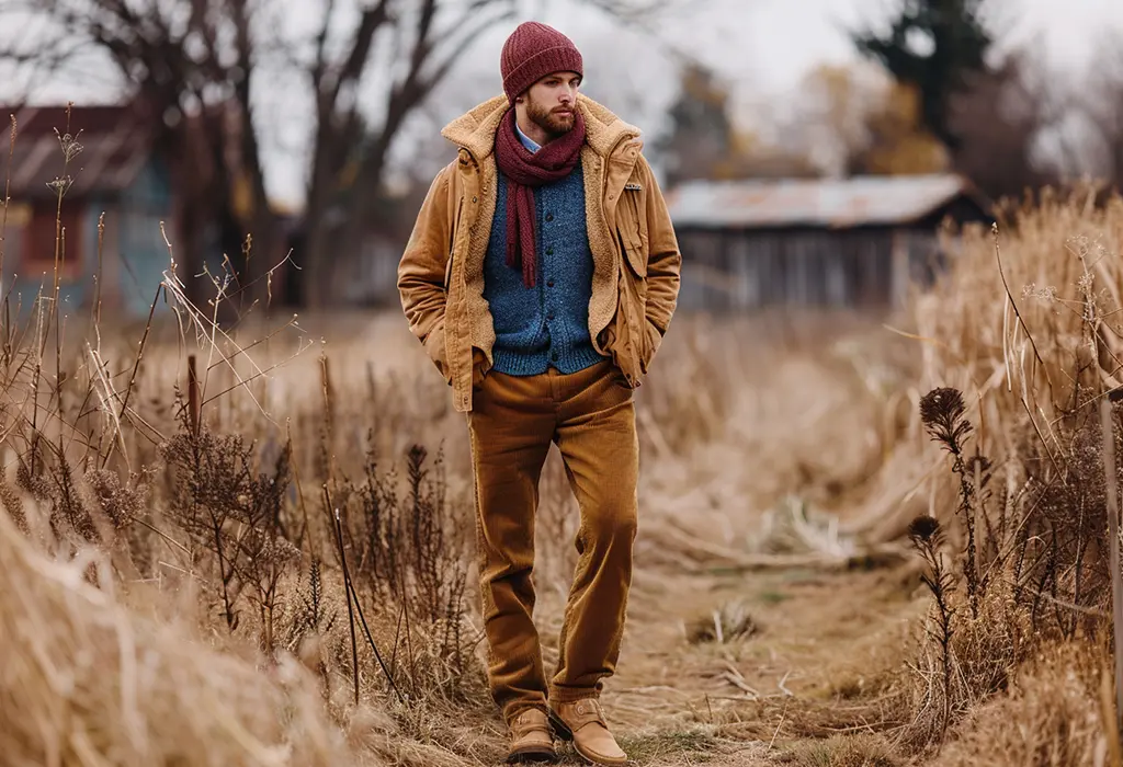 man wearing brown corduroy pants, a chunky shetland wool blue sweater