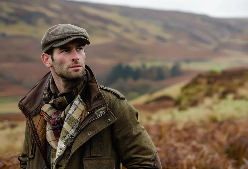 man in the Scottish countryside wearing traditional English hunting gear and a brown waxed Barbour jacket