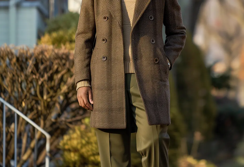 autumn look of man wearing a long brown tweed raglan overcoat over olive green dress slacks