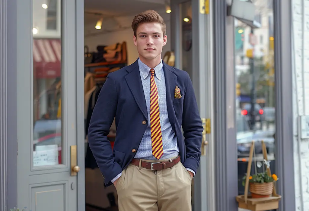 ivy style young man wearing a pair of high-waisted khaki chinos with a striped oxford shirt 