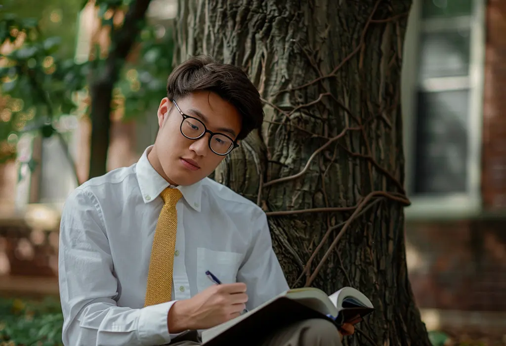 young man writing in a notebook while sitting against a tree on a college campus