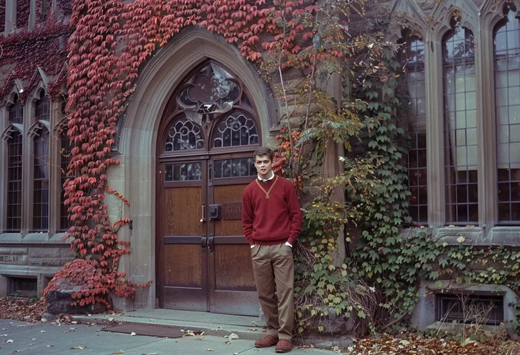 ivy league college student wearing a red wool sweater