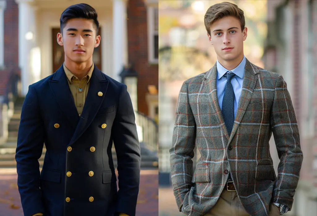 Navy blue blazer with gold buttons vs a glen-plaid wool sport coat