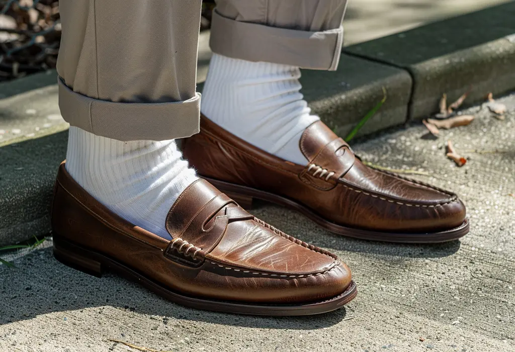 brown penny loafers with white socks