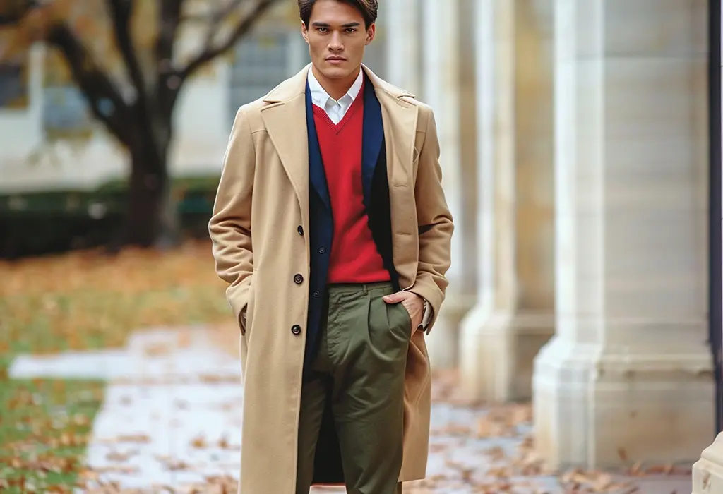 long tan polo coat over a pair of pleated green khakis and a navy blue blazer