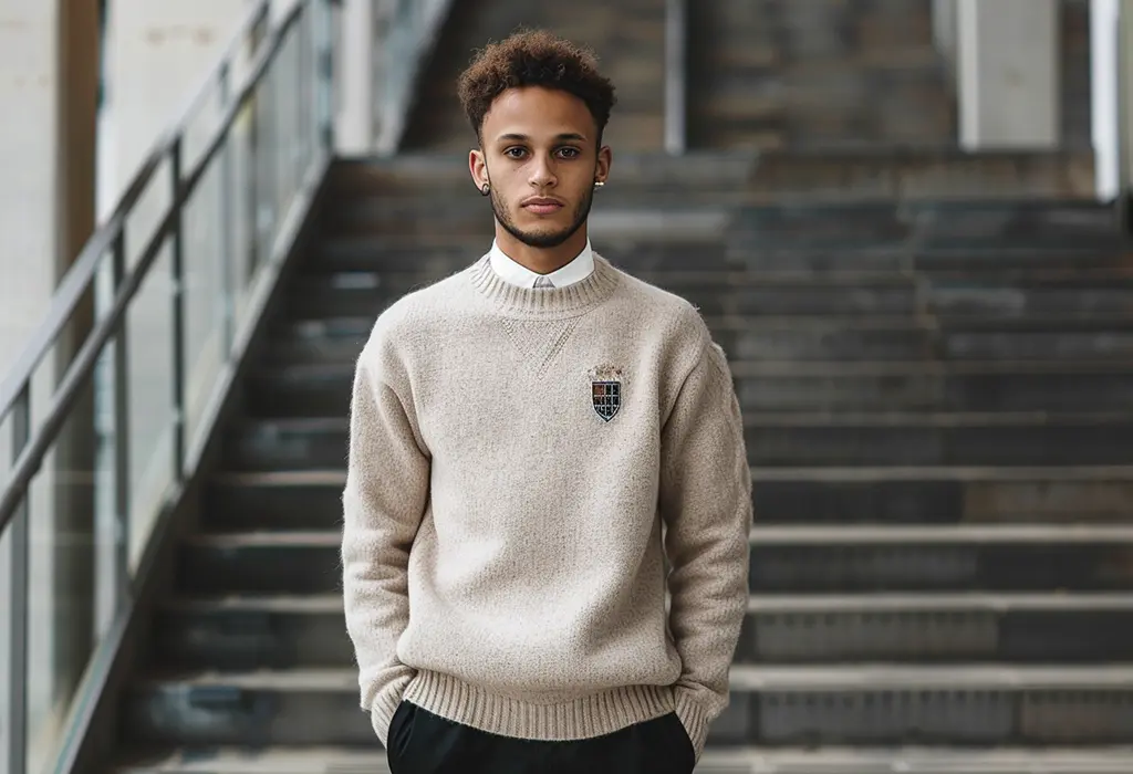 young man wearing a chunky beige wool sweater