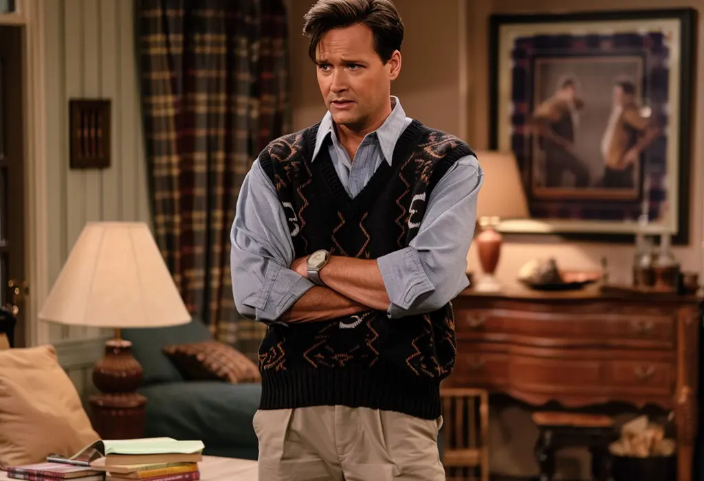 Chandler Bing wearing a sweater vest with khakis