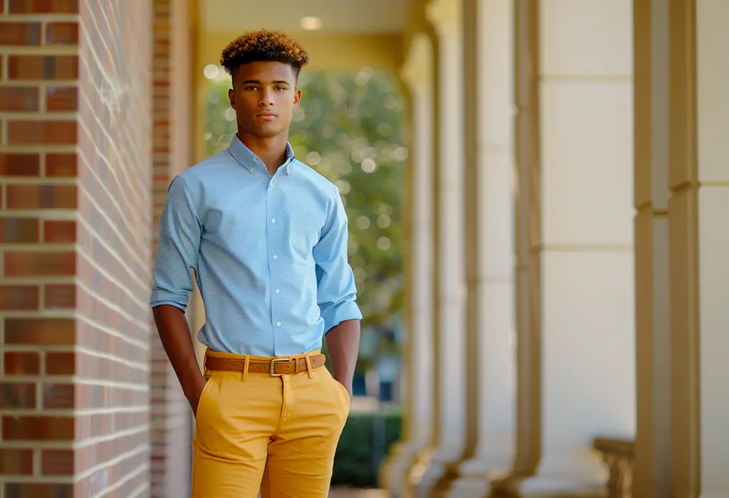 preppy young man wearing yellow chinos with a blue oxford shirt