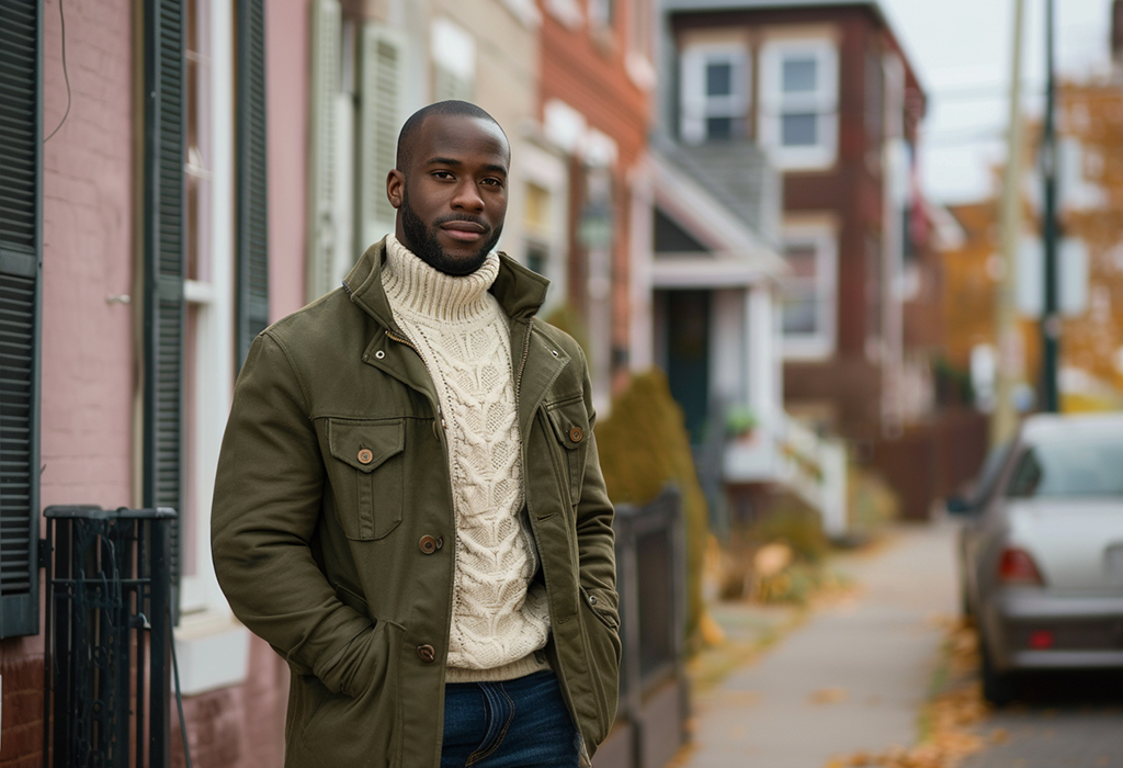 olive barn coat over a cream-colored cable-knit sweater and jeans