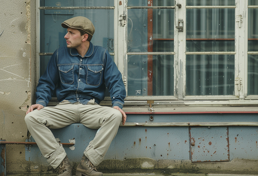 French worker wearing a blue French chore jacket with work pants