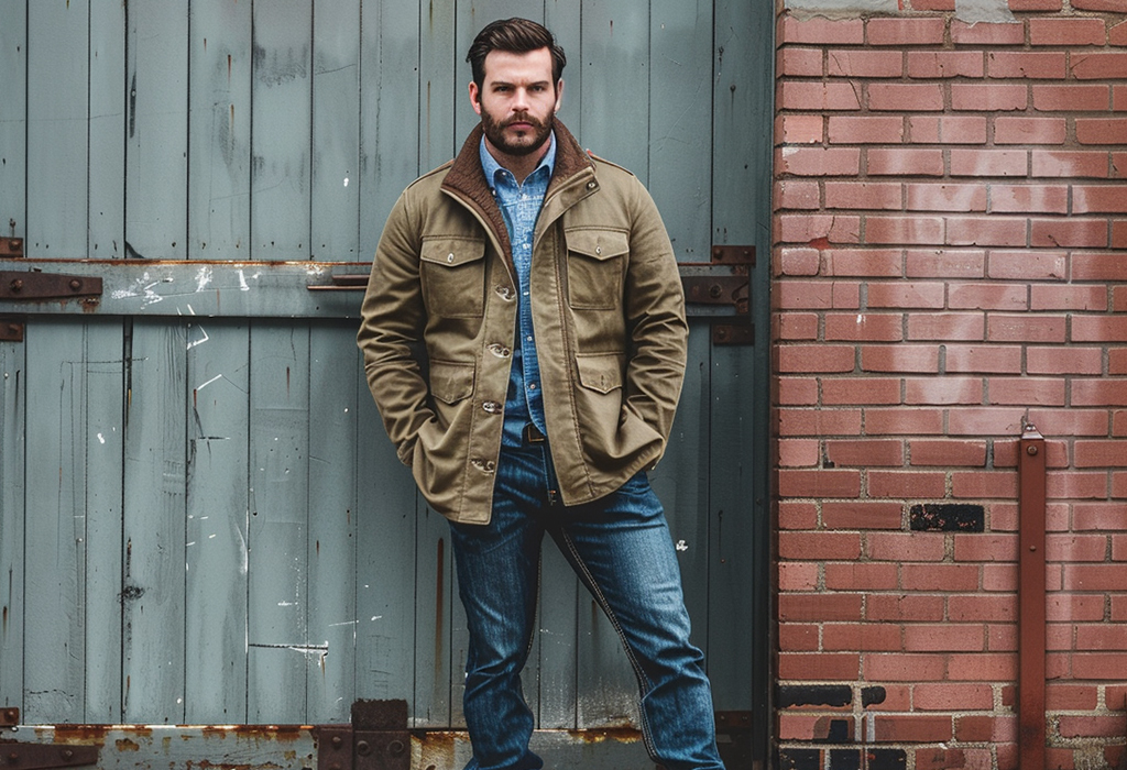 khaki canvas barn coat with a light denim shirt, dark blue jeans and duck boots