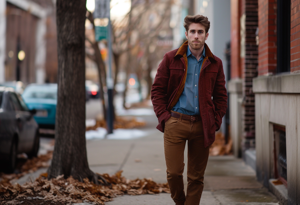 red barn coat with a brown contrasting corduroy collar over a blue oxford shirt