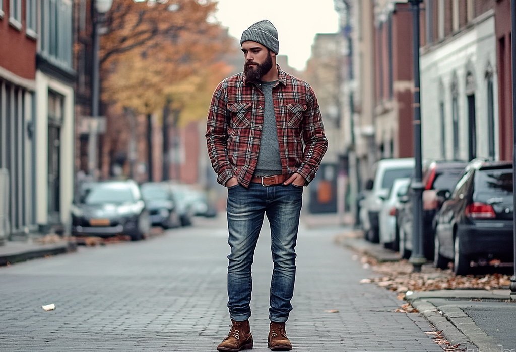 2012 hipster-style man wearing slim-fit, low-rise jeans with a flannel shirt, a beanie, and brown boots