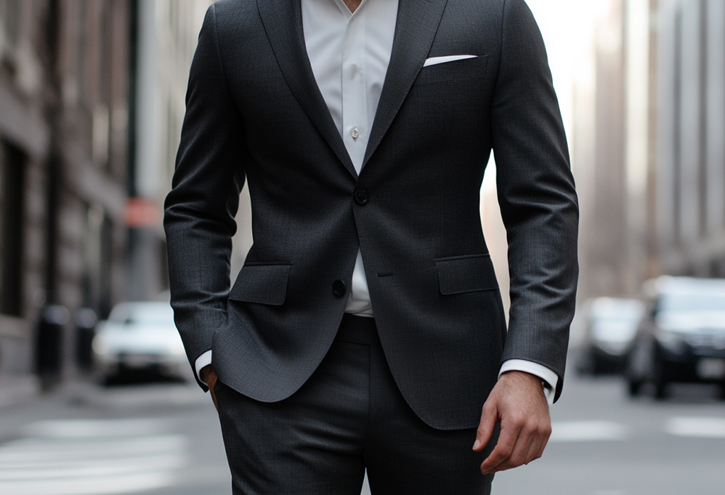 slim-fit suit with unflatteringly low waist pants