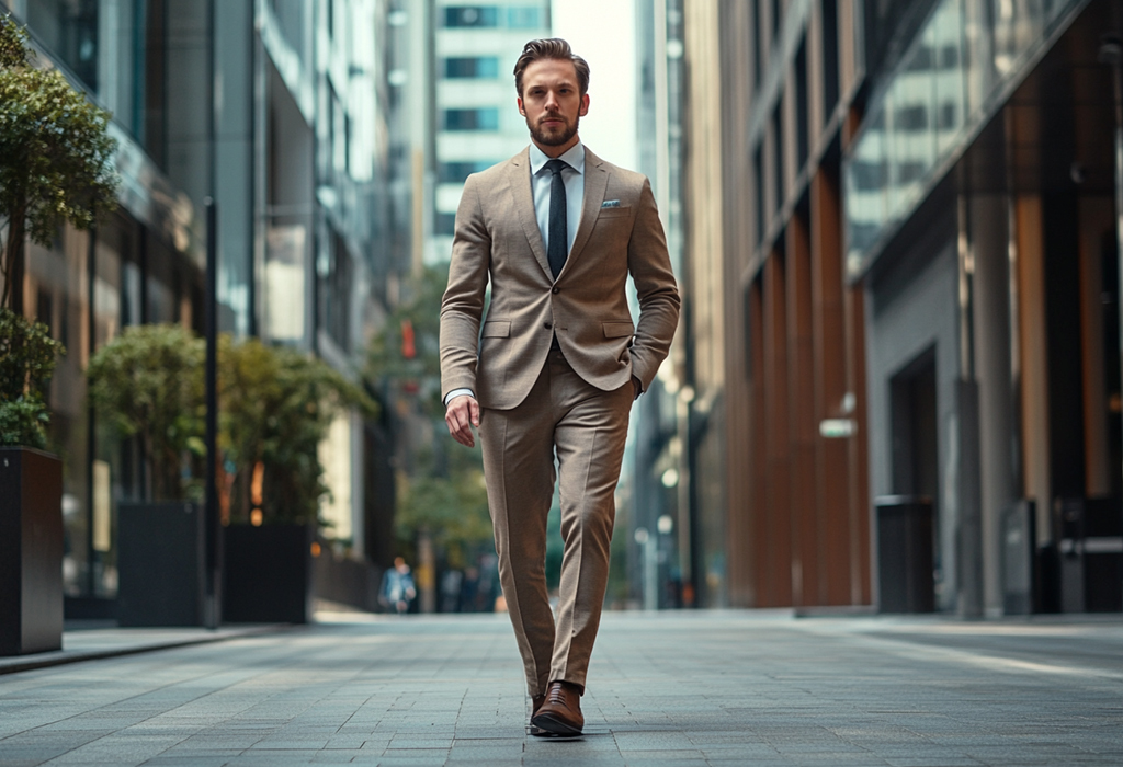 man wearing a fuller-cut suit with high-rise pants