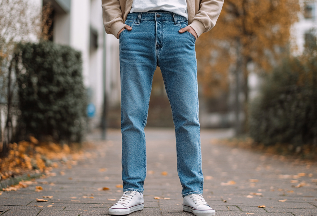 man wearing high-waisted, straight-fit blue jeans