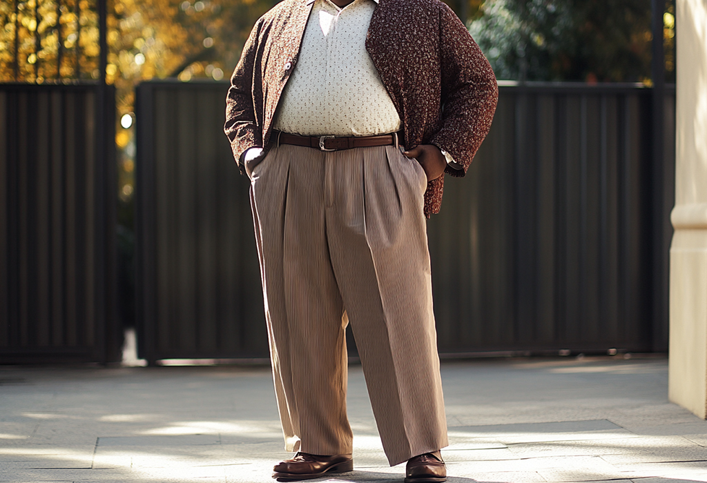 heavyset man wearing flattering, wide-cut, high-rise pleated trousers 