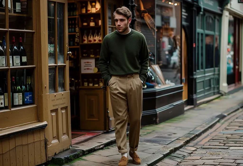 man wearing wide-leg pleated tan chinos with brown loafers