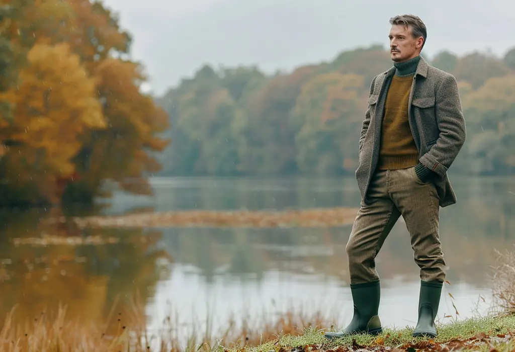 Man wearing gray corduroy pants with green rubber rain boots