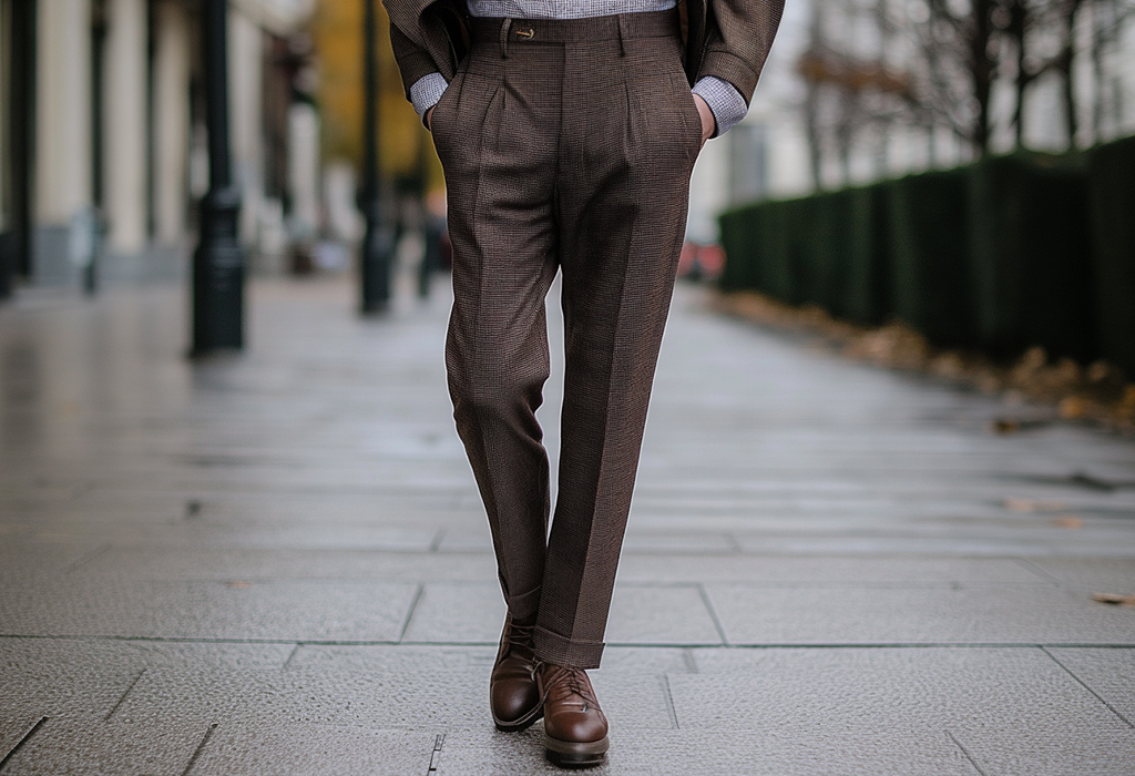 high-waisted brown houndstooth tweed trousers with double pleats and cuffed