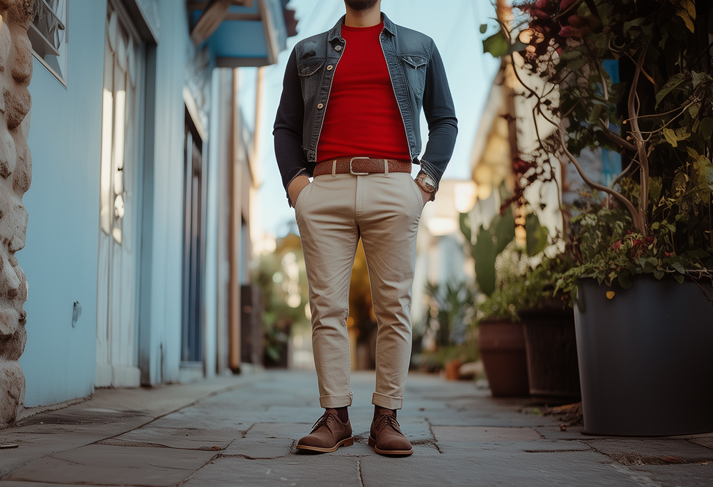 cropped denim jacket with bright red cotton crew neck sweater