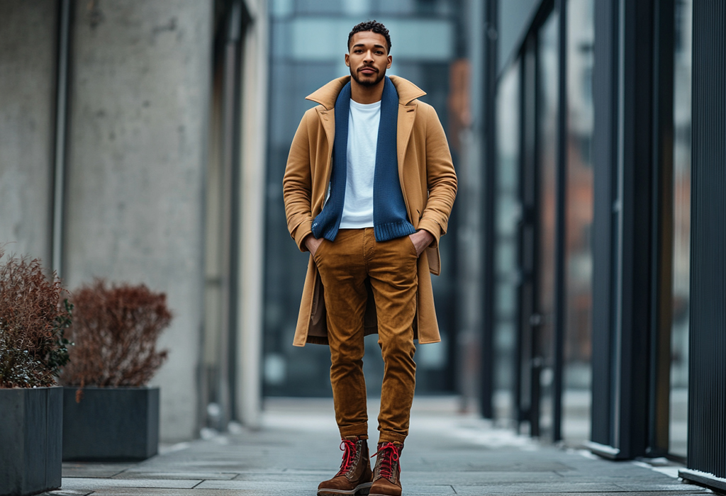 man in brown corduroy pants with a white tee and a bright blue cardigan