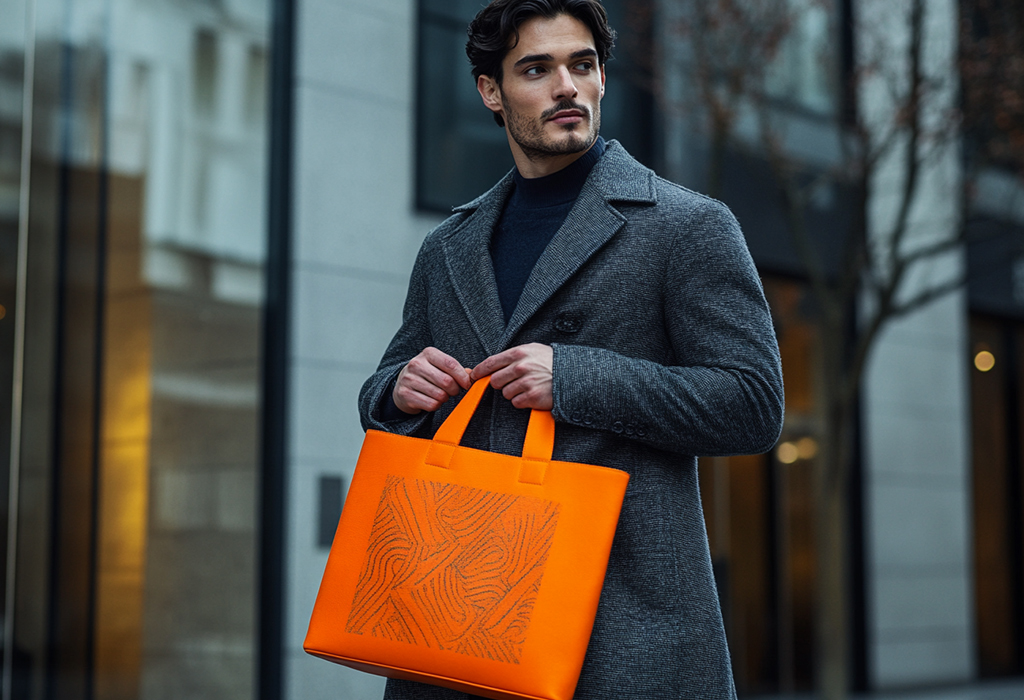 man holding a bright orange tote bag