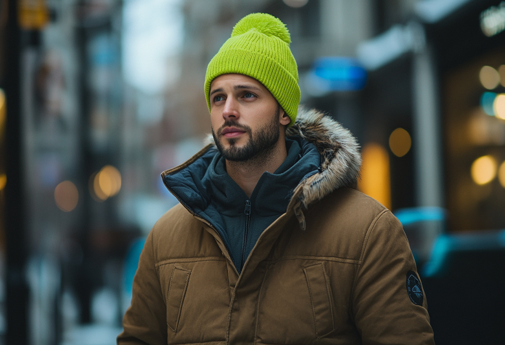 man wearing a bright green beanie