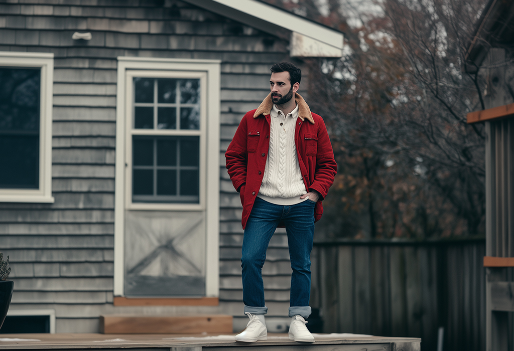 man wearing a bright red barn coat with blue jeans and a cream cable-knit sweater and white sneakers