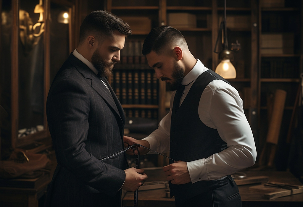 tailor measuring guy in suit jacket