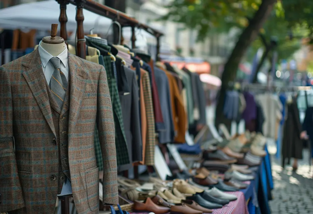 suits and other clothing on outdoor clothing racks at an outdoor flea market