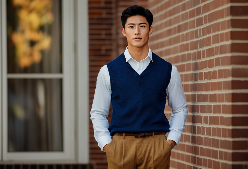 man wearing a blue cotton v-neck sweater vest over a white oxford shirt and pleated khakis