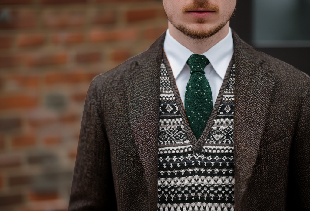 man wearing a gray fair isle knit sweater vest with a green wool tie, a white oxford shirt, and a brown tweed sport coat