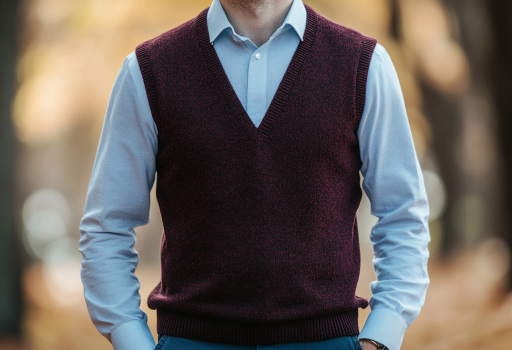 man wearing a dark red wool sweater vest over a light blue shirt