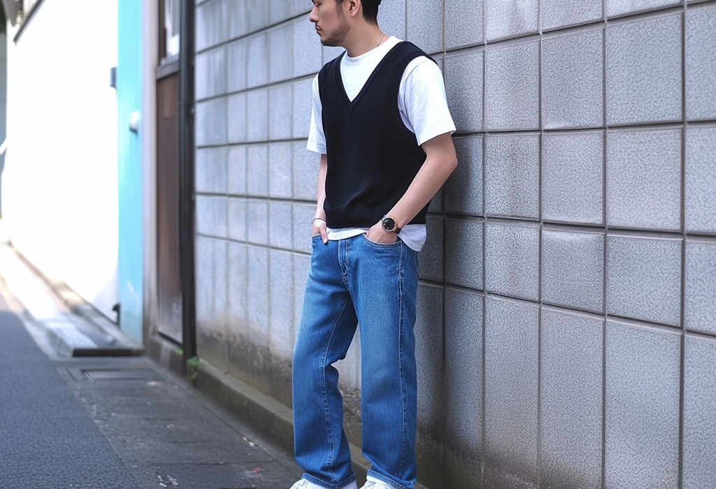 man wearing a black cotton sweater vest with a white tee shirt and nice blue jeans