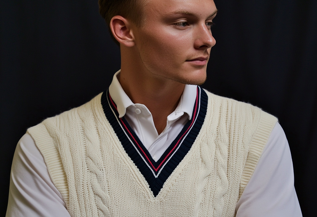 man wearing a cream colored tennis sweater vest with contrasting red and blue stripes near the collar