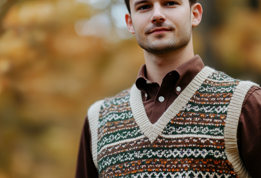 man wearing a brown and green fair isle sweater vest with a brown oxford shirt