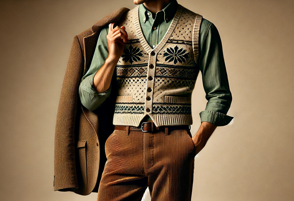 man wearing brown corduroy pants with a light green oxford shirt and a tan Fair Isle sweater vest, with a brown tweed jacket slung over his shoulder