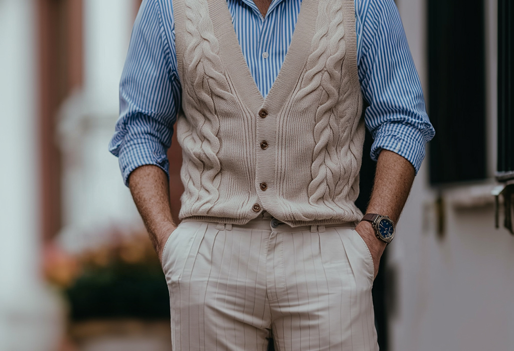 man wearing off-white pleated chinos with a blue and white striped oxford shirt and a tan cable-knit tennis sweater vest