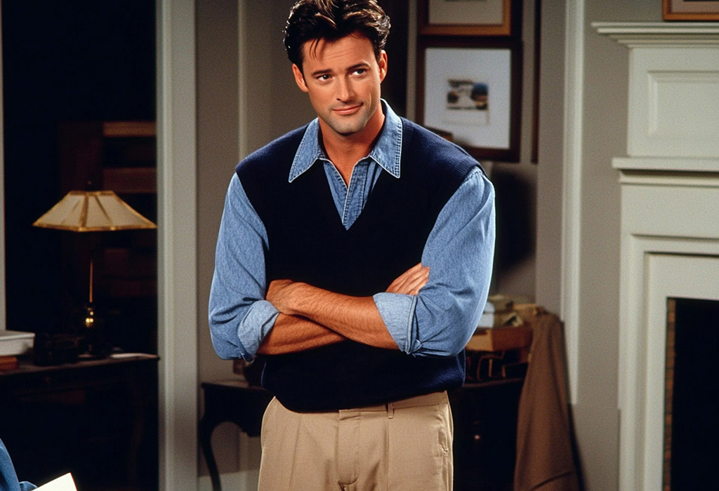 Chandler bing wearing a dark navy blue sweater vest with a blue denim shirt and pleated khakis