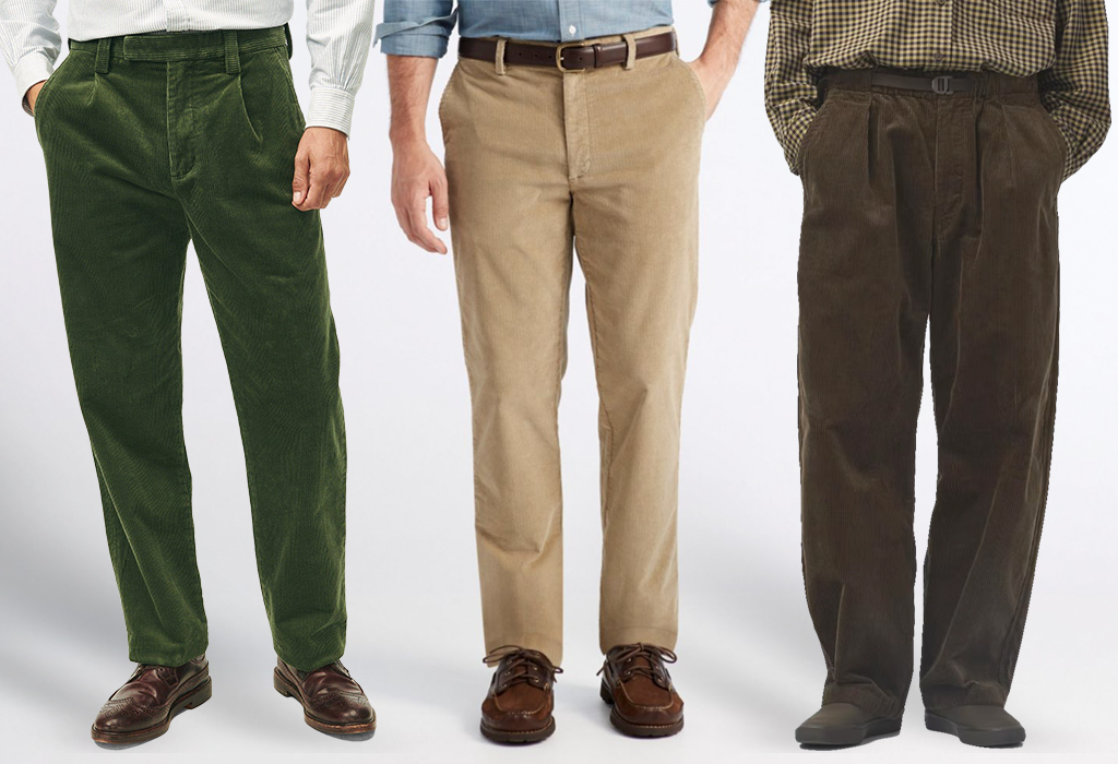 three men wearing different corduroy pants